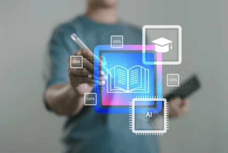 Digital education interface with book, AI, and data icons